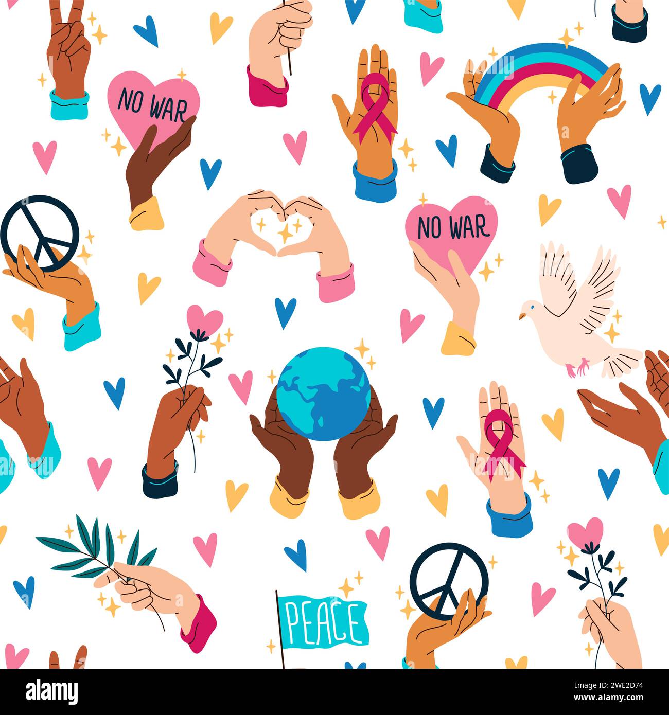 Modèle sans couture avec des mains humaines. Symboles paix et hippie. Impression répétée. Ruban de solidarité dans les bras. Colombe paisible. Doigts tenant l'arc-en-ciel. Fleur Illustration de Vecteur