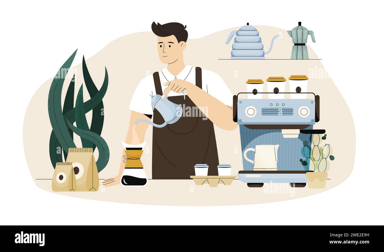 Barista préparant le café. Ouvrier de café de dessin animé préparant le café dans le café avec machine à café, barista faisant le café filtré. Jeu de vecteurs Illustration de Vecteur
