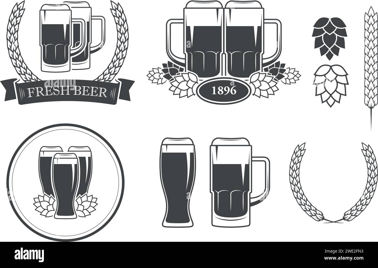 Mugs et verres à ours, emblèmes et badges de bar et de pub Illustration de Vecteur