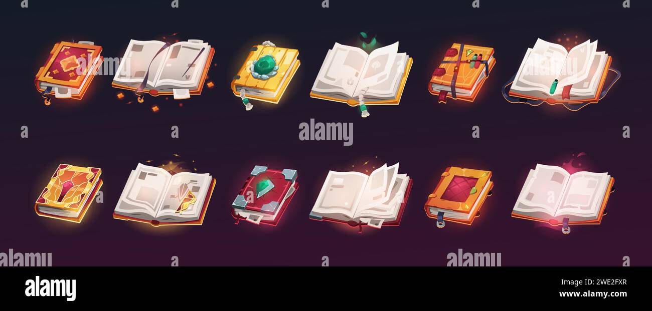 Ouvrez des livres magiques. Livres anciens de papyrus de dessin animé avec des éléments d'interface utilisateur de jeu de sorcellerie, vieux volumes de papier mystique pour l'éducation de sorcellerie. Interface graphique vectorielle Illustration de Vecteur
