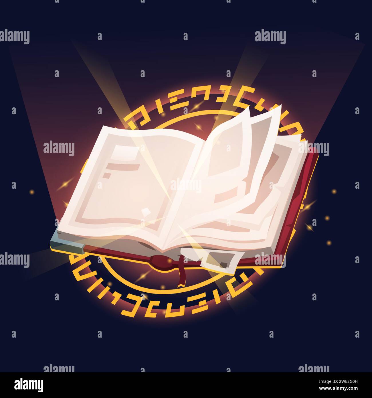 Orthographe livre cast. Livre de sorcellerie magique ouvert avec icône de jeu de pages déchirées pour l'interface graphique du menu, grimoire coloré fantastique avec sort magique étincelant. Vecteur Illustration de Vecteur