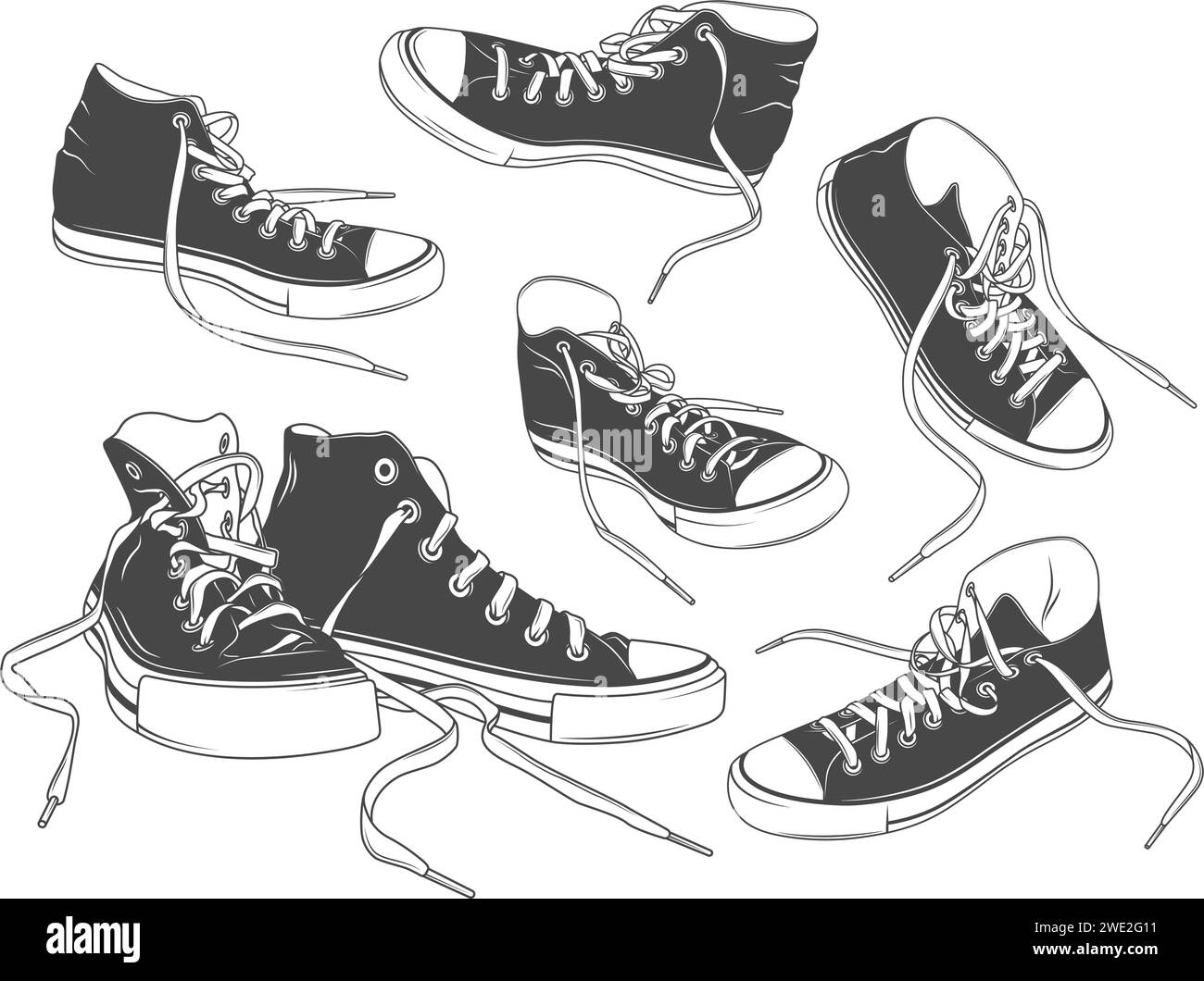 Baskets de sport, chaussures de gym, baskets en toile. Ensemble d'illustrations vectorielles isolées de différents raccourcissements et côtés. Illustration de Vecteur