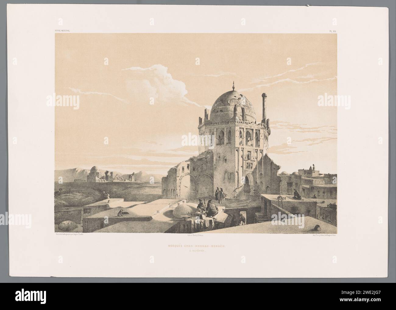L'âme de Shahh Hhohoazerkeell Syanan, Audiazinland, 18544 1844 imprime en haut à gauche de l'image le titre de la série, en haut à droite le numéro de plaque 'PL. XII'. Paris temple en papier, sanctuaire  Islam, mahomédanisme. Paysage avec ruines Iran Banque D'Images