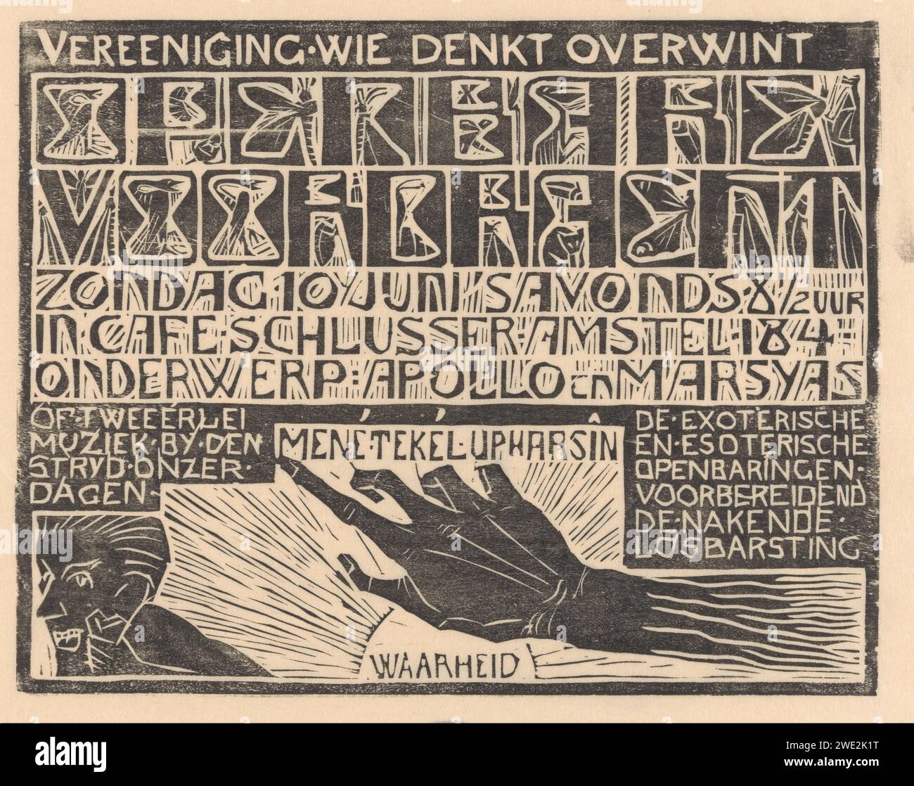 Annonce de la conférence 'Apollo et Marsyas', Mathieu Lauweriks, 1935 imprimer une annonce pour une nomination publique de l'association éthique-anarchiste et plus tard théosophique qui pense vaincre. Au bas du soleil radieux avec le mot «vérité» en elle. Au-dessus de cela une main avec l'index tendu. Papier japonais (papier fait à la main) index vers l'avant, pointant, indiquant Banque D'Images
