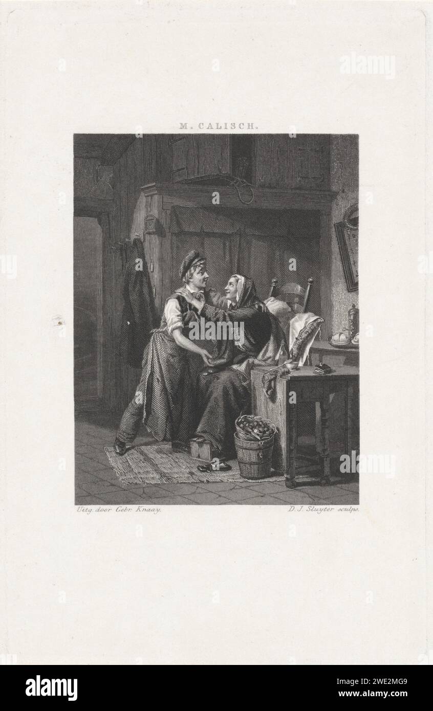 Femme embrasse le jeune homme, Dirk Jurriaan Sluyter, après Moritz Calisch, 1867 - 1875 print dans un intérieur simple, une femme plus âgée est assise sur une chaise avec ses pieds sur un ragoût et un oreiller dans le dos. Elle embrasse un jeune homme avec une casquette, qui jette de l'argent sur ses genoux. Il y a un livre sur la table à côté d'elle. A côté d'elle un bol avec cuillère. Sur le sol un panier avec des tubercules ou des pommes de terre et un éplucheur. Derrière elle sur une table un service à café avec des tasses. Amsterdam gravure sur papier / gravure couple inégal, couple mal assorti. cafetière. livre Banque D'Images