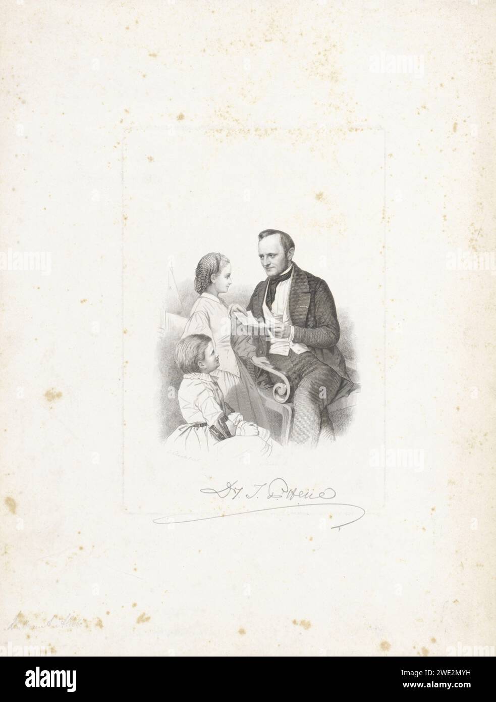 Page de titre pour : J.P. Heije, toutes les chansons pour enfants (...), 1861, Dirk Jurriaan Sluyter, d'après Louis Chantal, 1861 imprimer Un homme sur une chaise avec une feuille décrite ou imprimée à la main regarde une fille et un garçon à côté de lui. Amsterdam gravure sur papier / gravure sur acier lisant à quelqu'un Banque D'Images