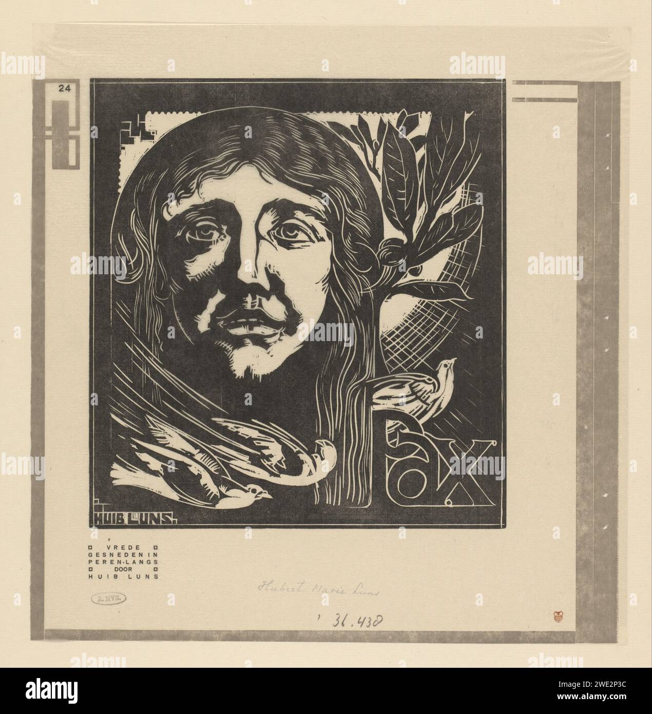 Personnification de la paix avec Duiven, Huib Luns, 1919 imprimer le visage de la personnification de la paix (Pax). Trois pigeons sous son visage, à côté d'elle une branche d'olivier. Amsterdam papier transparent Pax comme personnification romaine. Symboles, allégories de la paix, 'Pax' ; 'Pace' (Ripa) Banque D'Images