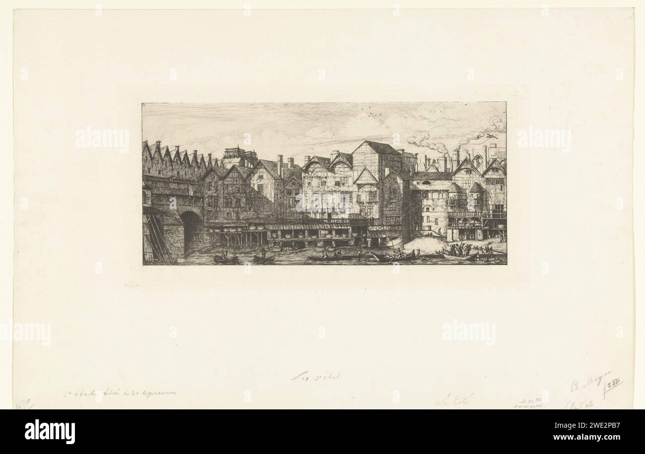 Vestiges de maisons à fourrure sur la Seine près de Pont-au-change à Paris, Charles Meryon, d'après Anonymous, 1861 estampe Paysage urbain à Paris avec façades arrière de maisons, probablement situées rue de la Pelleterie, près du Pont-au-change à Paris. Les ouvriers de fourrure travaillaient dans cette rue et ils ont été montrés sur les rives de la Seine dans leur travail. Meryon s'est inspiré d'un exemple du XVIIe siècle. Sur la gauche se trouve une petite partie du Pont-au-change avec des bâtiments sur l'empreinte et les tours de notre-Dame sont également juste visibles. Ces détails sont un ajout de l'artiste. gravure du papier Banque D'Images