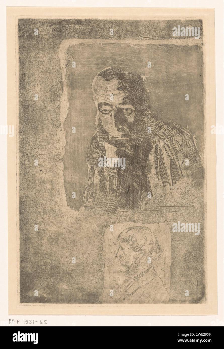 Deux hommes barbus, dont l'un soutient sa tête avec sa main, Martinus van Regteren Altena, 1876 - 1908 papier gravé gravure anonyme personnage historique représenté. barbe. tête tenue dans la ou les main(s), coudes appuyés sur une élévation ou sur les genoux Banque D'Images