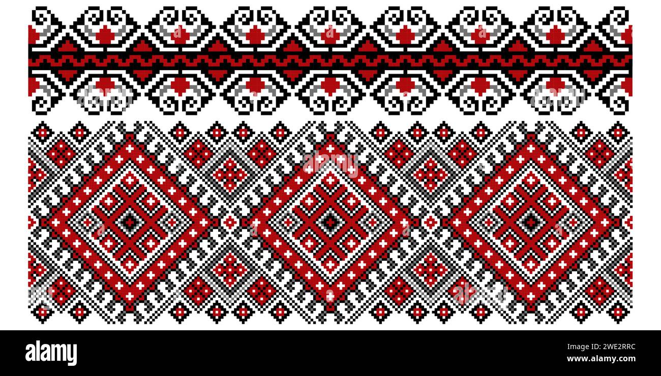 Ensemble de motifs de point de croix traditionnels ukrainiens ethniques sans couture modifiables pour le point de broderie. Ornements floraux et géométriques. Illustration de Vecteur