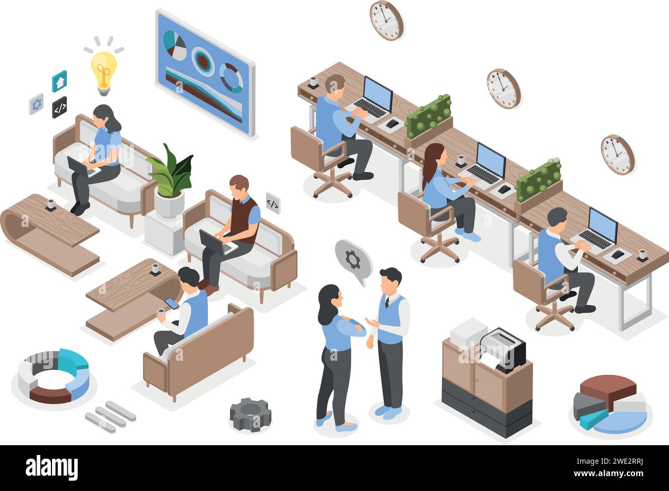 Processus de coworking. Des personnes créatives travaillant dans un espace ouvert. Développement des affaires, dirigeants d'entreprise utilisant des ordinateurs portables et des smartphones, vecteur impeccable Illustration de Vecteur
