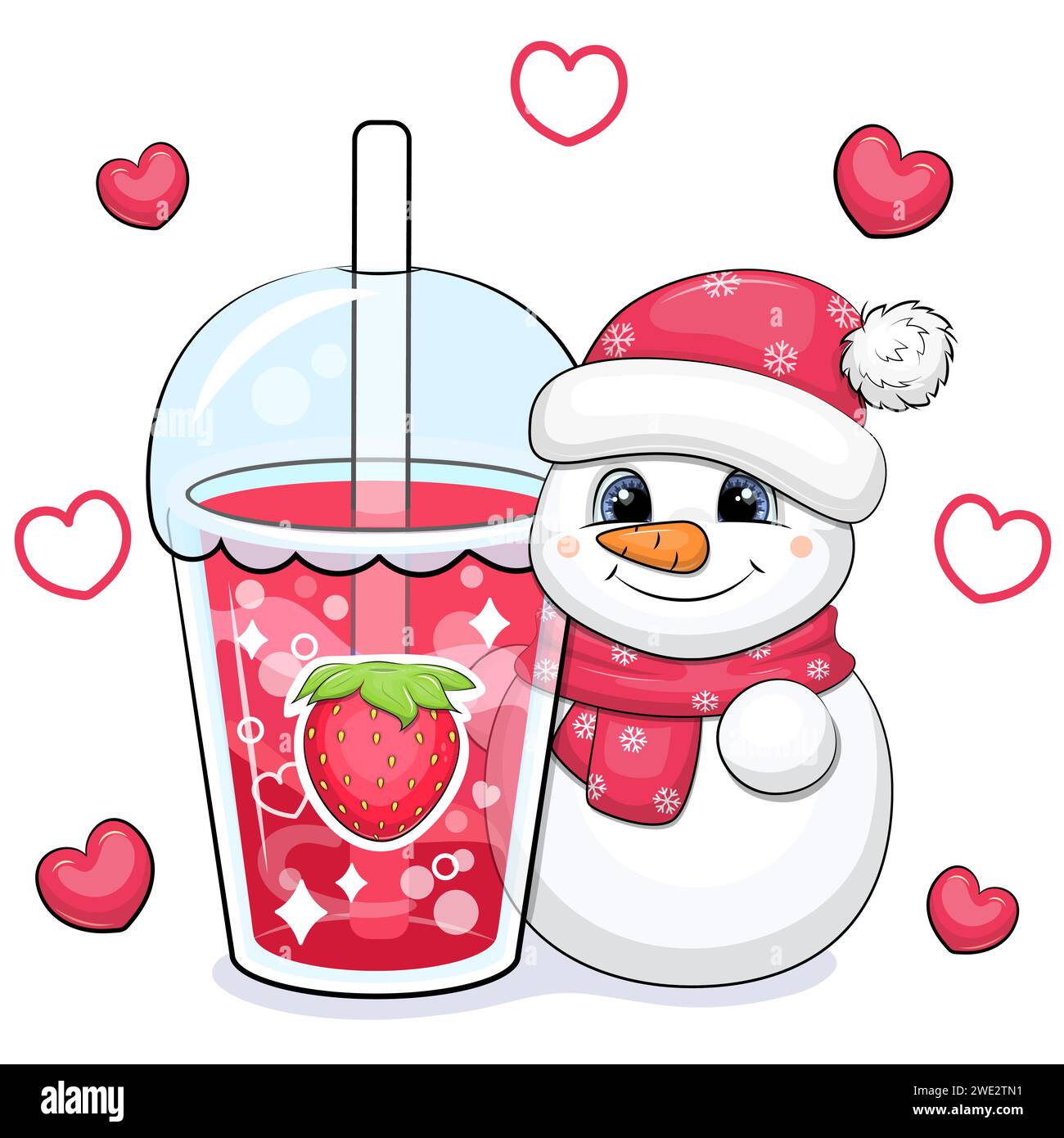 Bonhomme de neige de dessin animé mignon avec une grande boisson à la fraise. Illustration vectorielle avec une tasse d'eau rouge sur un fond blanc avec des coeurs rouges. Illustration de Vecteur