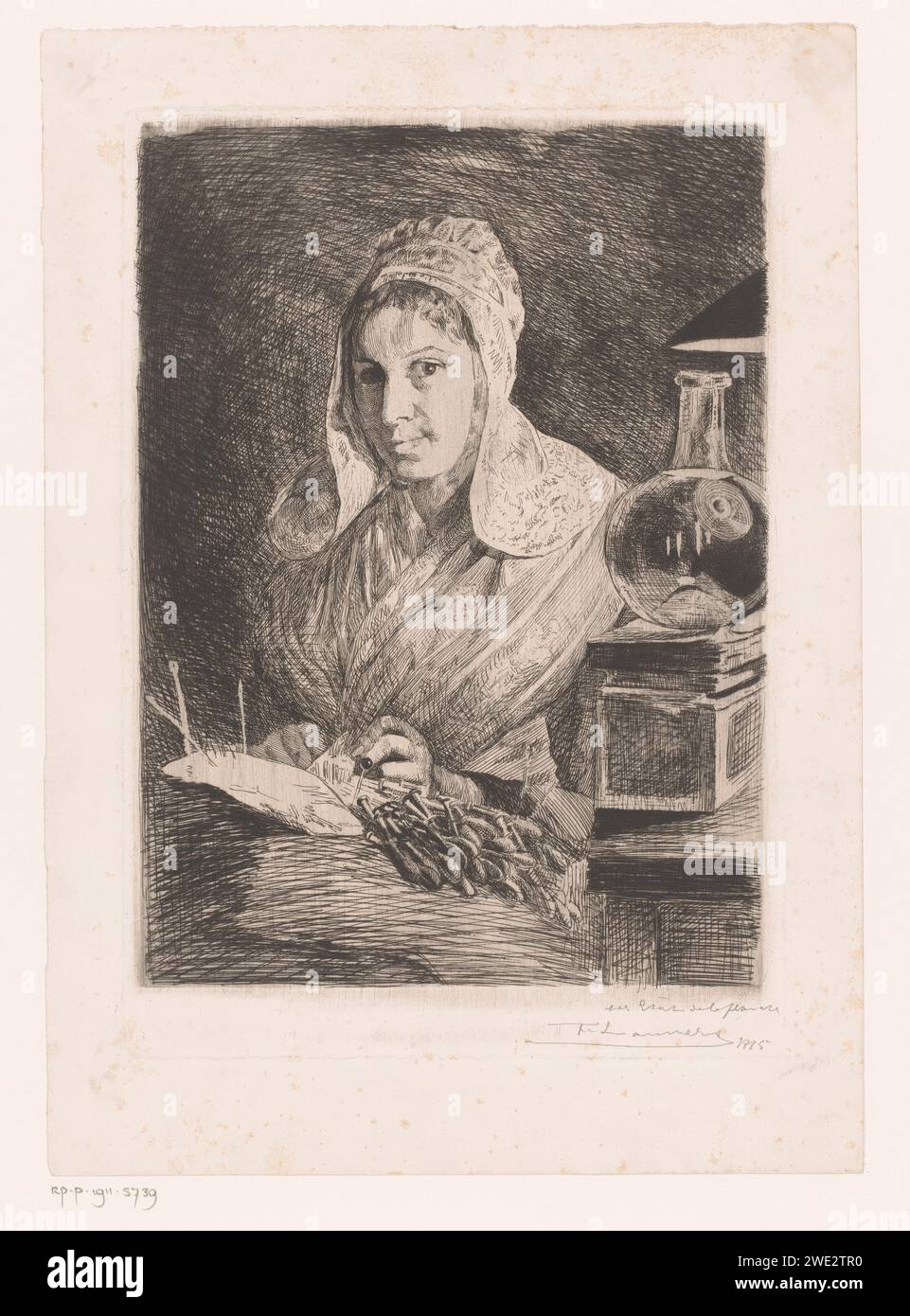 Dentelle -Klossende Vrouw, Frans Lauwers, d'après Walter Sanford, 1885 gravure sur papier imprimé / dentelure à point sec Banque D'Images