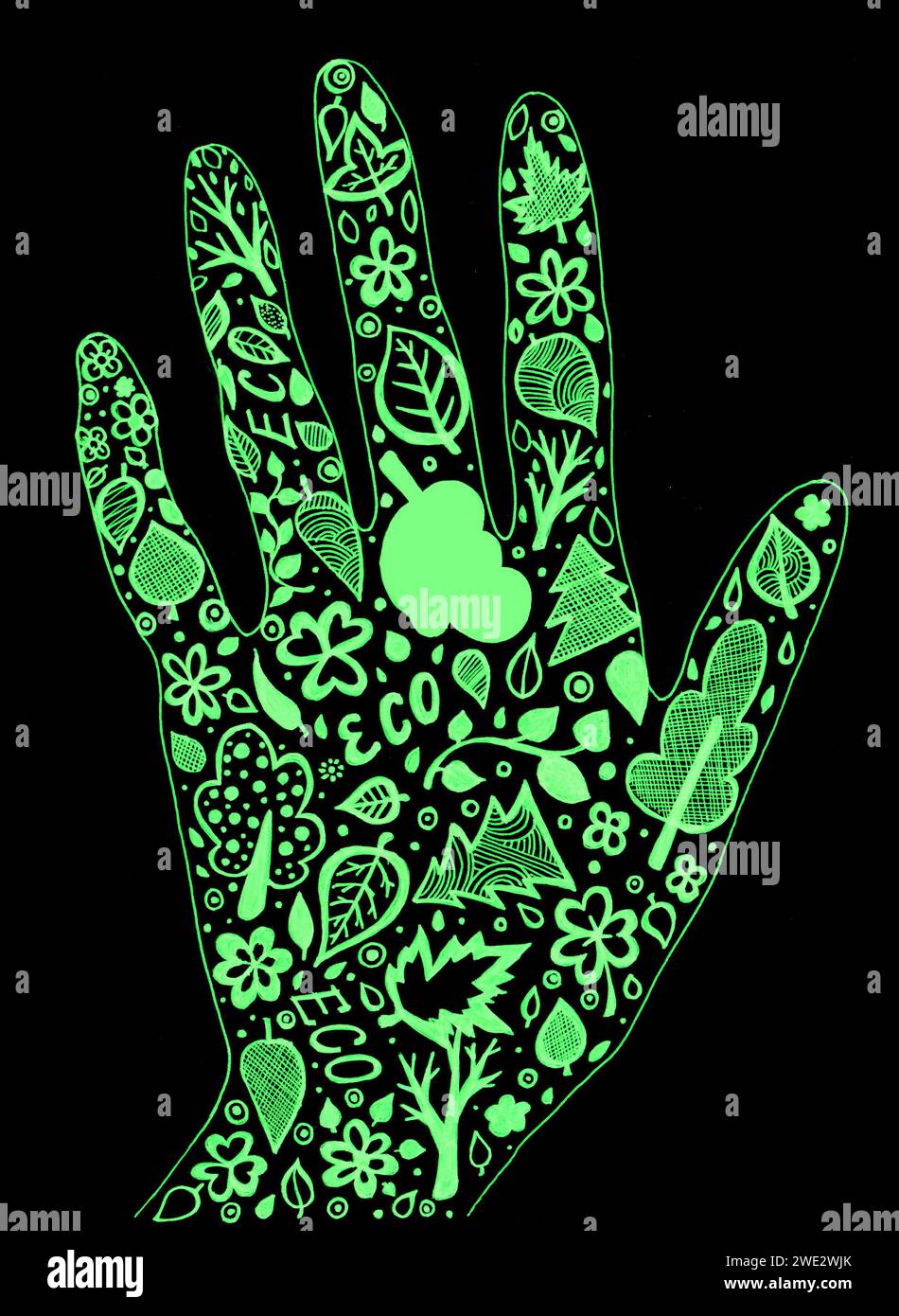 La silhouette de la paume de la main est remplie de diverses feuilles, arbres, mots Eco et autres éléments décoratifs. Griffonner vert sur fond noir. Les éléments sont remplis de diverses lignes et points. Banque D'Images