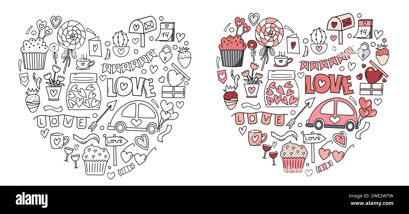 Doodle dessiné à la main dans la forme vectorielle en forme de coeur, est Une page de coloriage de soulagement de stress pour la Saint-Valentin, avec des coeurs, des bonbons et des bonbons pour le 14 février dans Un livre de coloriage mignon Illustration de Vecteur