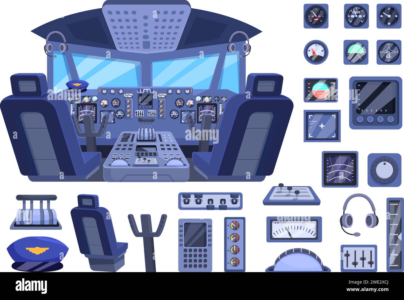 Icônes de cockpit d'avion définir vecteur de dessin animé. Panneau de commande. Commutateur à bouton rotatif Illustration de Vecteur