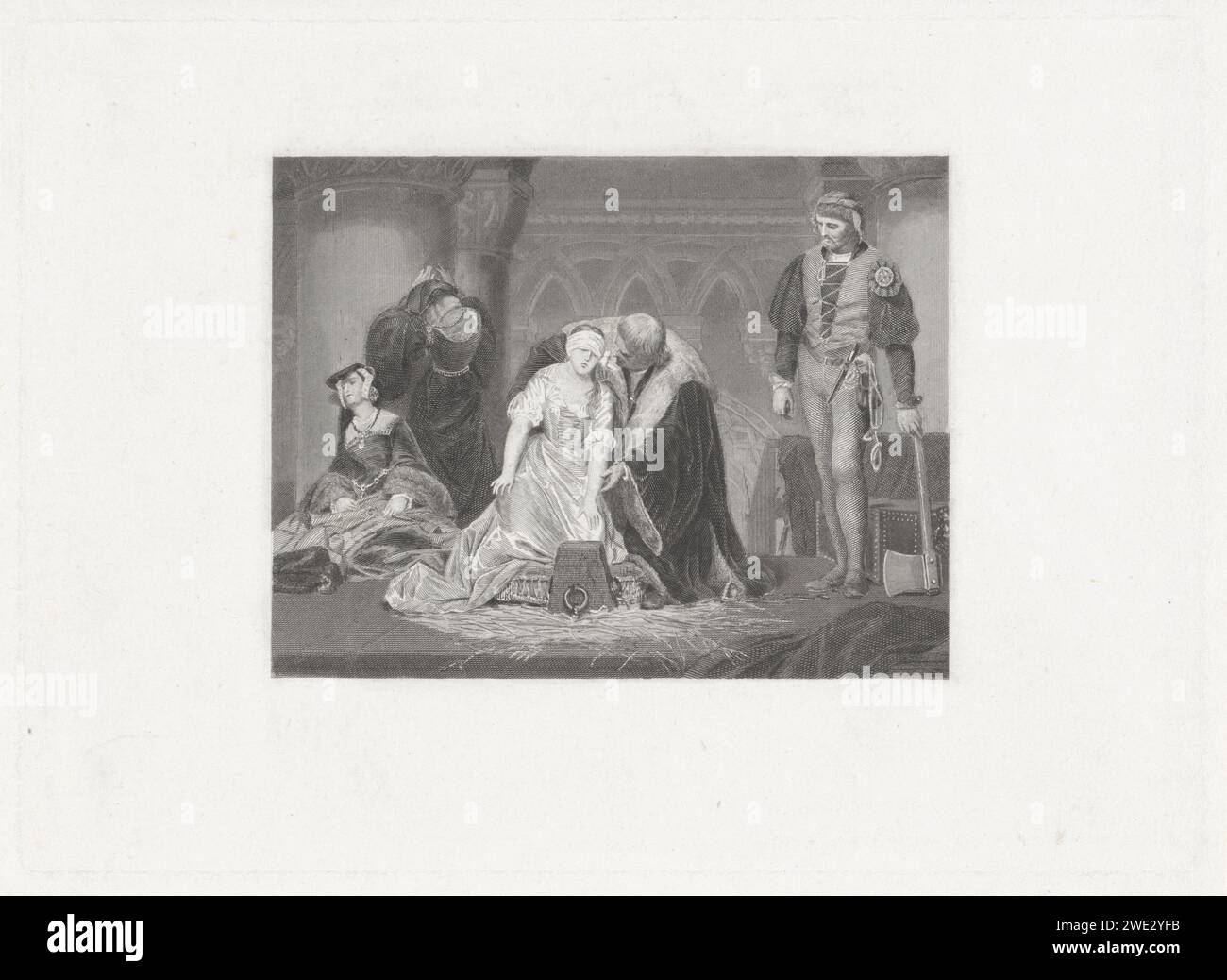 L'exécution de Lady Jane Gray, Dirk Jurriaan Sluyter (peut-être), d'après Paul Delaroche, 1833 - 1886 print Lady Jane Gray est assise à genoux sur un oreiller. Elle a les yeux bandés et touche ses mains vers l'avant. Il y a un bloc de coupe devant elle. Un homme avec un manteau riche et en fourrure se penche sur elle. À côté de lui, le bourreau est prêt avec une hache. Deux femmes qui pleurent en arrière-plan. Amsterdam gravure sur papier / gravure sur l'échafaudage ou le lieu d'exécution Banque D'Images