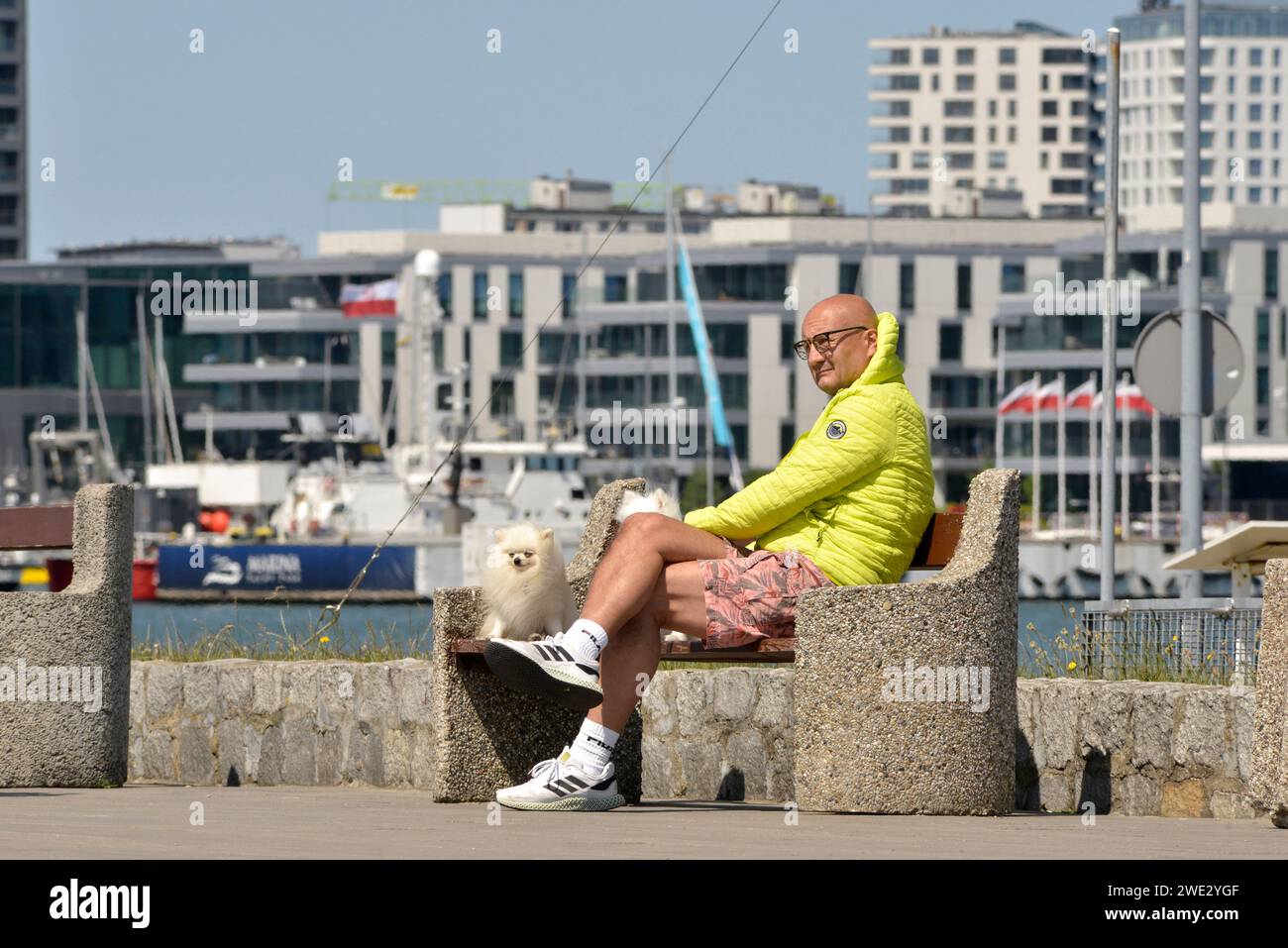 Homme et un petit chien assis sur un banc hors saison à la marina et au port de Gdynia sur la mer Baltique dans la ville balnéaire de Gdynia, Pologne, Europe, UE Banque D'Images