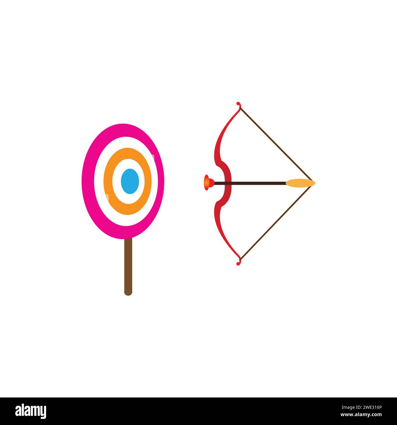 Mignon Funny Archery Sport, arc et flèche pointant vers l'icône de personnage Kawaii de dessin animé cible isolé sur l'illustration vectorielle de fond blanc Illustration de Vecteur