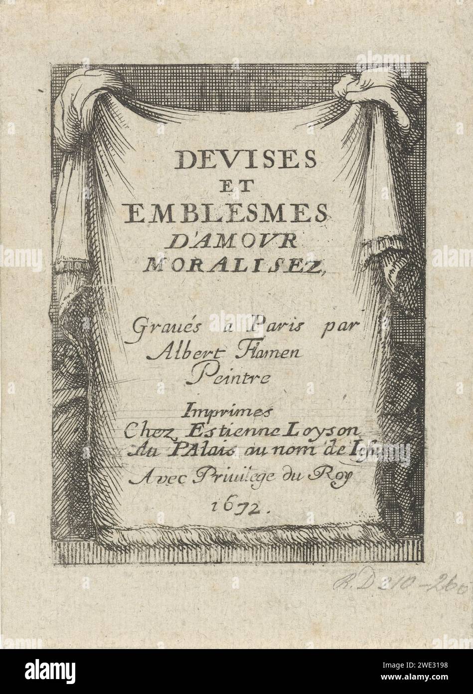 Tissu blanc avec deux putti, Albert Flamen, 1672 Une grande toile blanche sur laquelle un texte français avec le titre de la série, les noms des fabricants et l'année. La moitié derrière la toile deux putti. Tirage titre pour une série de 50 emblèmes. Imprimeur : Parispublisher : ParisFrance papier gravure qualités de l'amour : première série (+ représentation symbolique du concept) Banque D'Images
