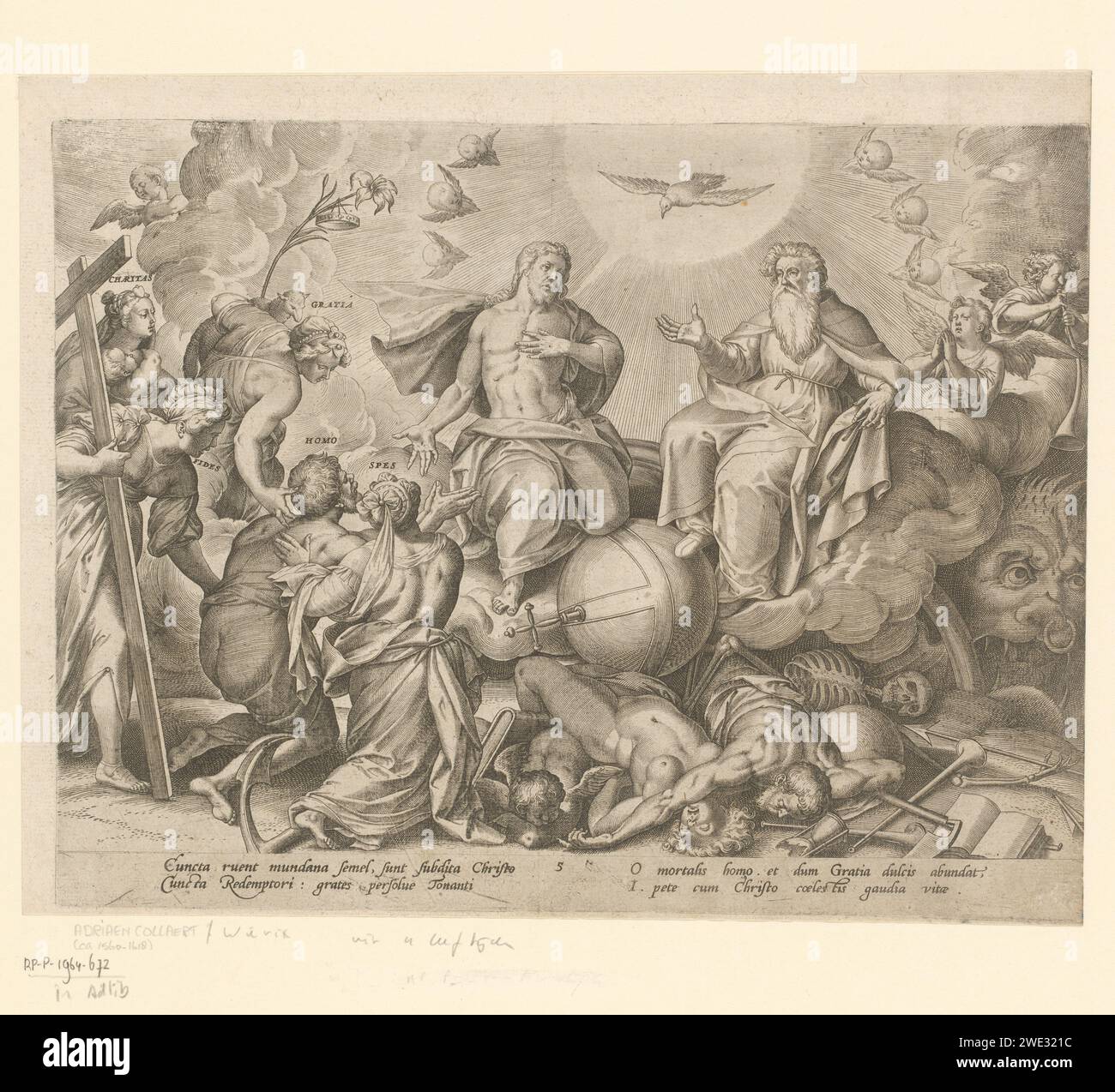 Dernier jugement, Hieronymus Wierix, d'après Ambrosius Francken (I), 1563 - 1584 print allégorie de la mort, symbolisée par le jugement dernier. L’homme (gay), entouré des vertus divines (Charitas, Fides et Spes) et de la grâce divine (Gratia), s’agenouille dans l’adoration de la Trinité. Au premier plan, les morts sont sur le bord de la porte de l'enfer. Dans la marge, une légende de quatre lignes, en deux colonnes, en latin. Anvers gravure sur papier jugement dernier. La Sainte Trinité, 'Trinitas coelestiss' ; Père, fils et Saint-Esprit  religion chrétienne. Les trois vertus théologiques. entrée de l'enfer comme bouche monstrueuse (de Lev Banque D'Images
