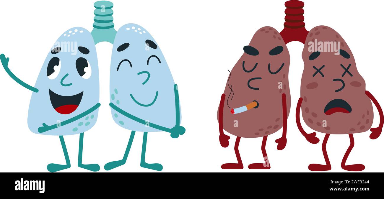 Personnages mignons de poumons. Organes internes sains et malsains. Poumon drôle de dessin animé heureux et malade. Eléments d'affiches médicales, méfaits du tabagisme vecteur classe Illustration de Vecteur