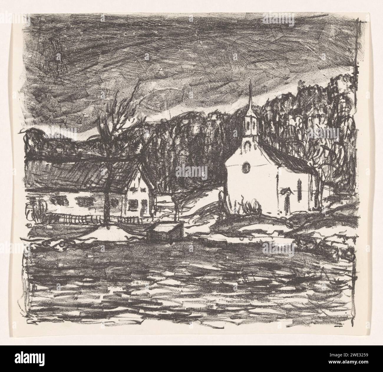 Paysage vallonné avec église, Henri Braakensiek, 1922 imprimer Une église et une maison sur une colline couverte d'arbres. München papier bas pays de colline. église (extérieur) - QQ - petite église, chapelle Bavière Banque D'Images