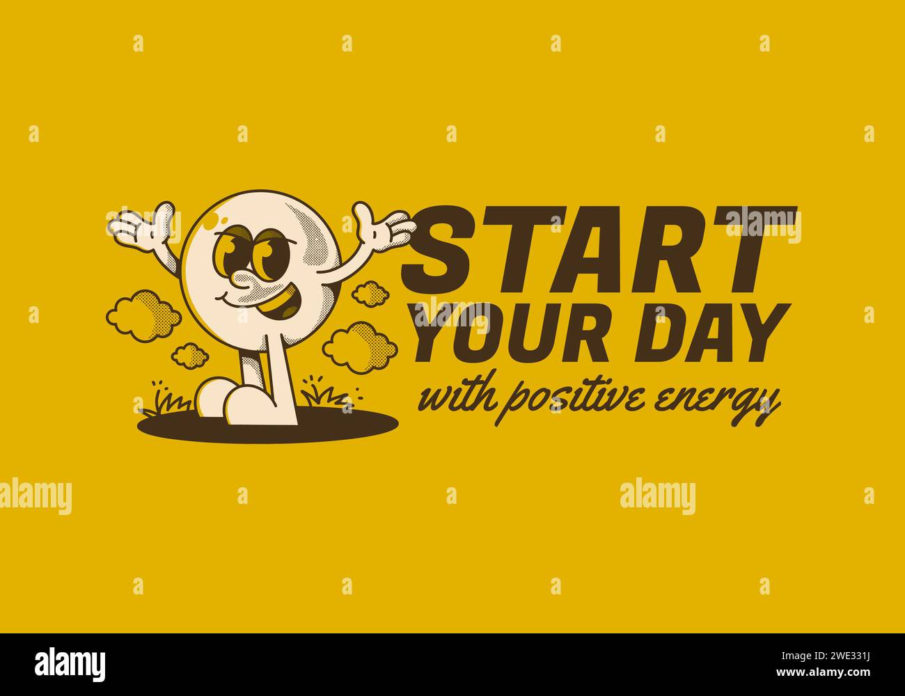 Commencez votre journée avec une énergie positive. Personnage de mascotte de tête de balle avec les mains levées et l'expression heureuse Illustration de Vecteur