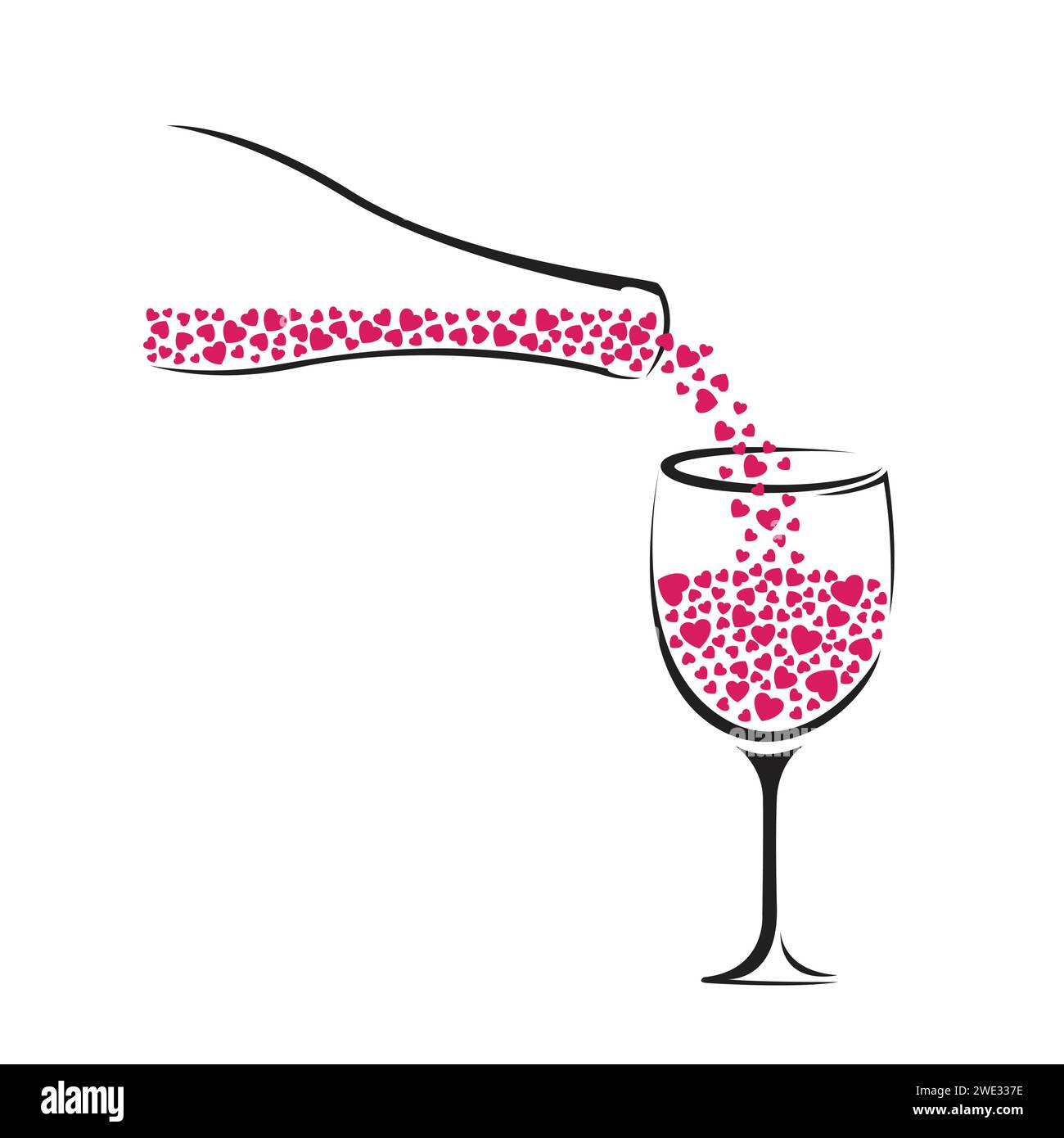 Verre à vin et bouteille de vin avec illustration vectorielle de coeur. Illustration de Vecteur