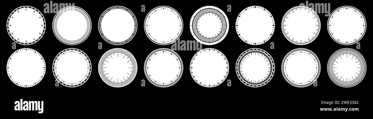 Cadrans d'horloge mécaniques, cadre.Cadran de montre avec les minutes et les heures.Elément de minuterie ou de chronomètre.Échelle de cercle de mesure à blanc avec divisions.Vecteur Illustration de Vecteur