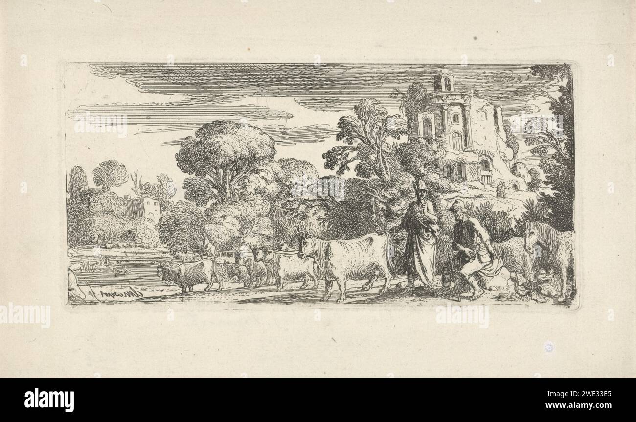 Mercury et Battus, Claes Moeyaert, 1612 - 1655 imprimer Mercury vole le bétail d'Apollo et nomme le vieux fermier Battus, qui voit le vol, pour garder le silence. Sur la droite en arrière-plan une ruine ronde. Amsterdam papier gravure Mercury et Battus ; Battus est soudoyé avec une génisse comme hush-money Banque D'Images