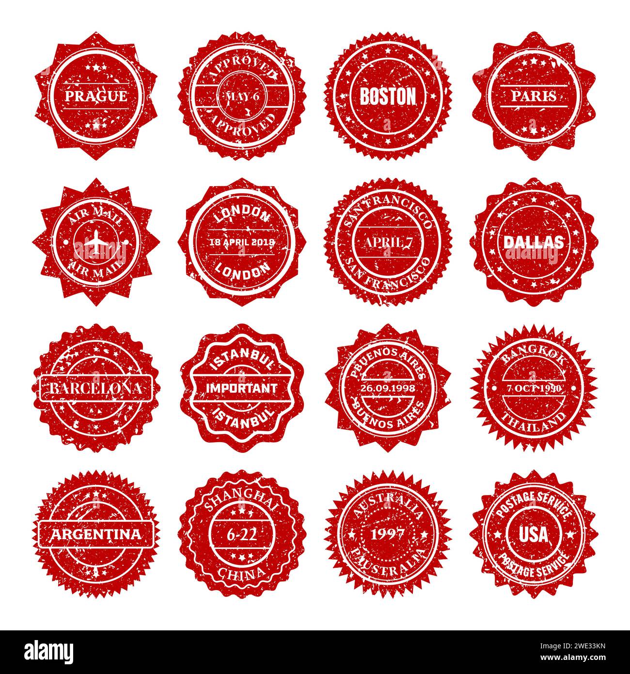 Postez des timbres, des étiquettes et des badges. Empreintes grunge et cachets postaux. Filigranes de carte postale cercle vintage rouge. Utilisé des éléments de conception d'enveloppe. Vecteur Illustration de Vecteur