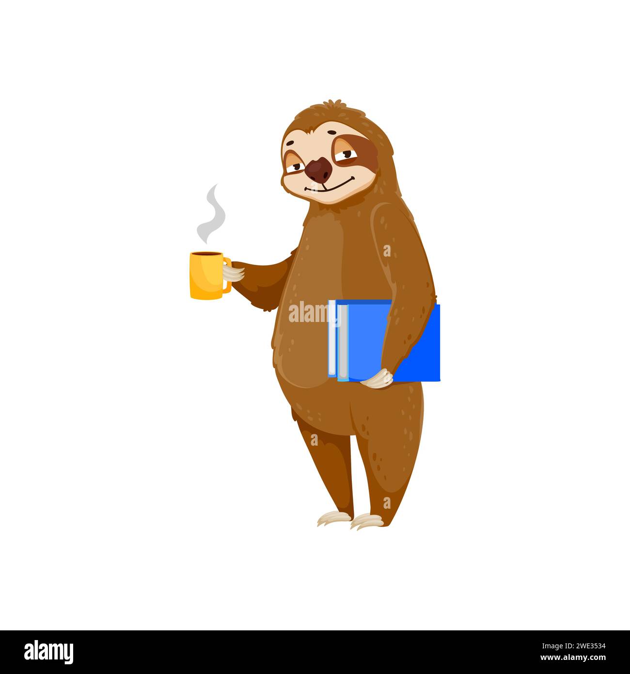 Personnage drôle de paresseux de dessin animé avec tasse de café et livre, animal mignon, vecteur isolé. Paresseux lent et endormi paresseux ou ours de la jungle tropicale avec une tasse à café et des livres, somnolent souriant sur Relax Illustration de Vecteur