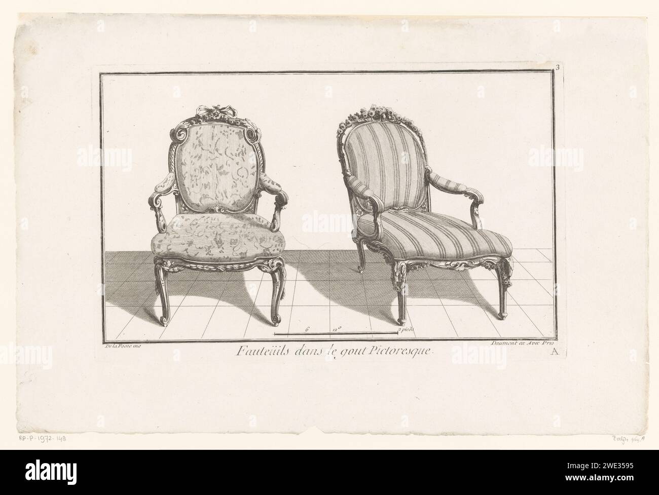 Deux chaises avec accoudoirs, Anonyme, d'après Jean Charles Delafosse, 1745 - 1775 imprimer à gauche une chaise avec rembourrage avec des fleurs. Sur la droite une chaise avec rembourrage rayé. Chaise de gravure papier Paris Banque D'Images