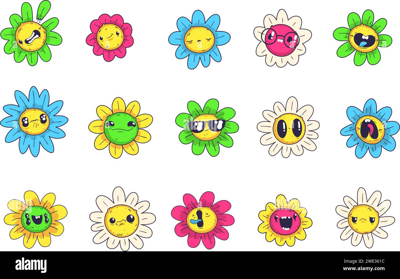 Visages de fleurs de Marguerite. Motif floral smiley pour les enfants autocollants vintage, émoticône floral mignon camomille ou personnage de dessin animé de tournesol, camomille groovy illustration vectorielle classe de sourire floral de visage Illustration de Vecteur