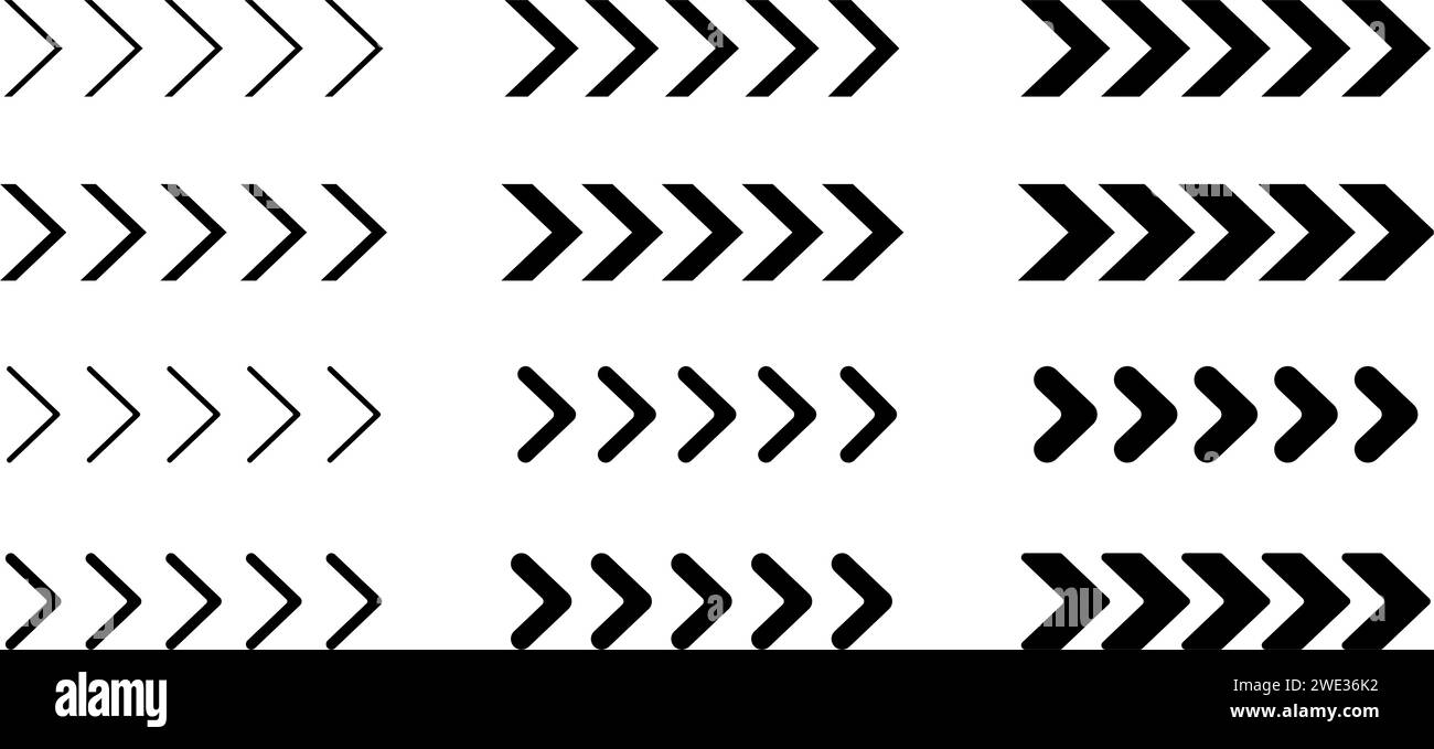 Ensemble de flèches en chevron noir d'épaisseur différente. Ornement avec bandes répétées en forme de V. Pointeur, attention routière, militaire, panneaux de navigation isolés sur fond blanc. Illustration vectorielle à plat Illustration de Vecteur
