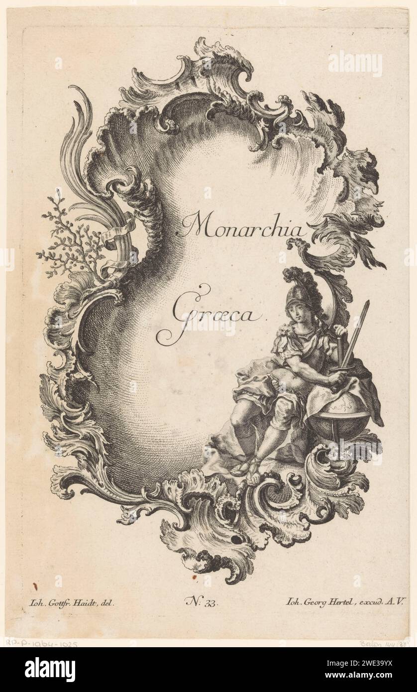 Greek Rijk, Jakob Gottlieb Thelott, d'après Johann Gottfried Haid, 1745 estampe personnification de l'empire grec dans un cartouche rocaille. A droite, un jeune homme soutient son staf de commandement sur un globe terrestre. L'homme porte un casque et une armure et tient une épée dans sa main droite. Numéro de publication 33. Augsburg papier gravure Grèce (l'un des quatre empires du monde Banque D'Images
