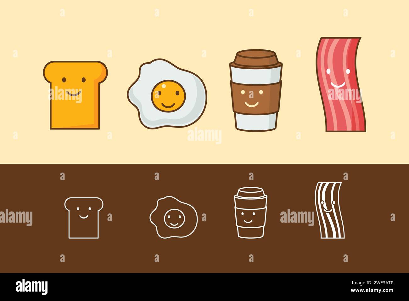 Meilleurs amis. Petit déjeuner. Bonjour. Ensemble d'icône de dessin animé mignon d'un café, des œufs, du jambon et du pain grillé. Illustration vectorielle. Illustration de Vecteur