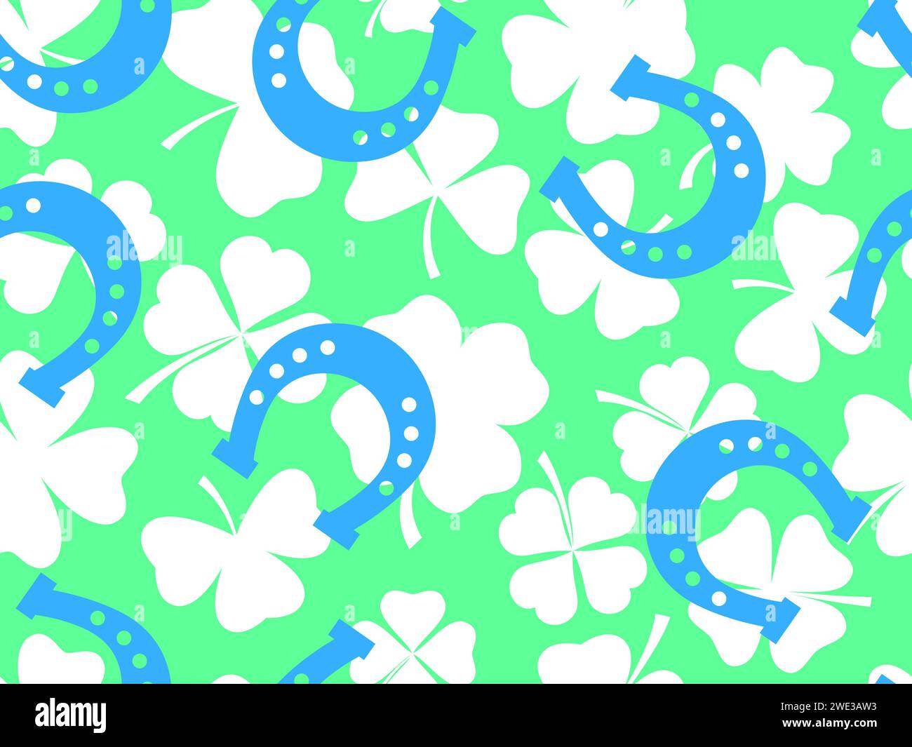 Modèle sans couture avec silhouettes blanches de trèfles et fers à cheval pour St. Patrick's Day. Symboles de vacances irlandais : un fer à cheval pour la bonne chance. Papier peint, Illustration de Vecteur