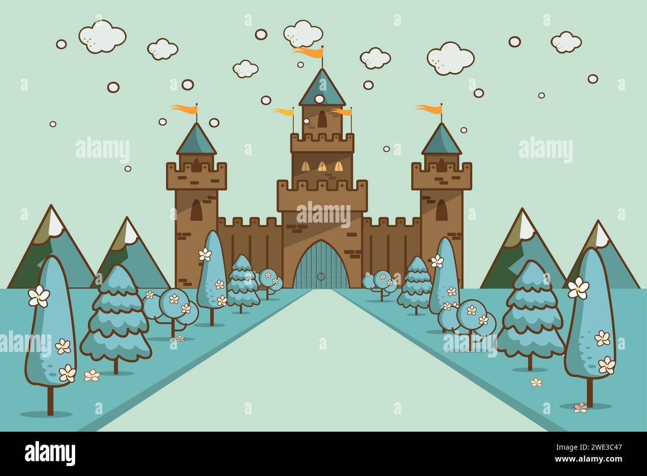 Mignon château de conte de fées de fantaisie de dessin animé dans un paysage d'hiver d'un vecteur de collines ondulantes Illustration Illustration de Vecteur