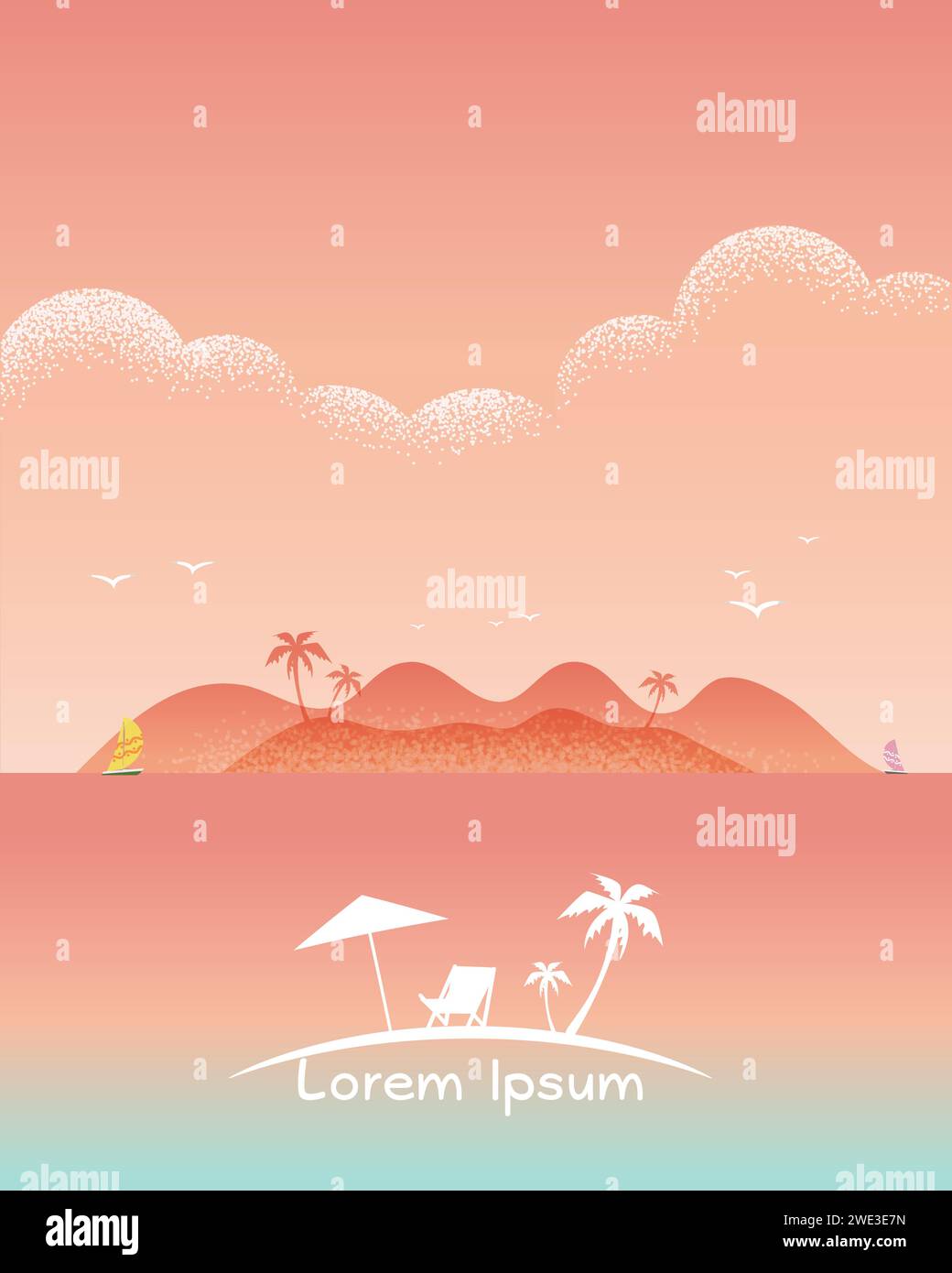 Belle plage de paysage marin avec sable blanc, vague de mer, voilier et rayons du soleil. Texte pour les agents de voyages. Summer Offres Vector texture style concept illus Illustration de Vecteur