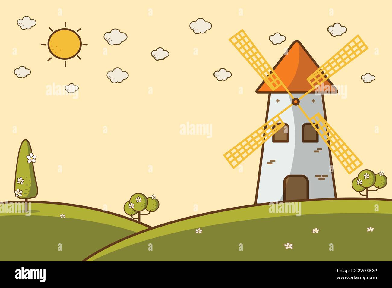 Nature Paysage avec un moulin à vent style dessin animé mignon illustration vectorielle. Moulin et le paysage vallonné d'été Illustration de Vecteur