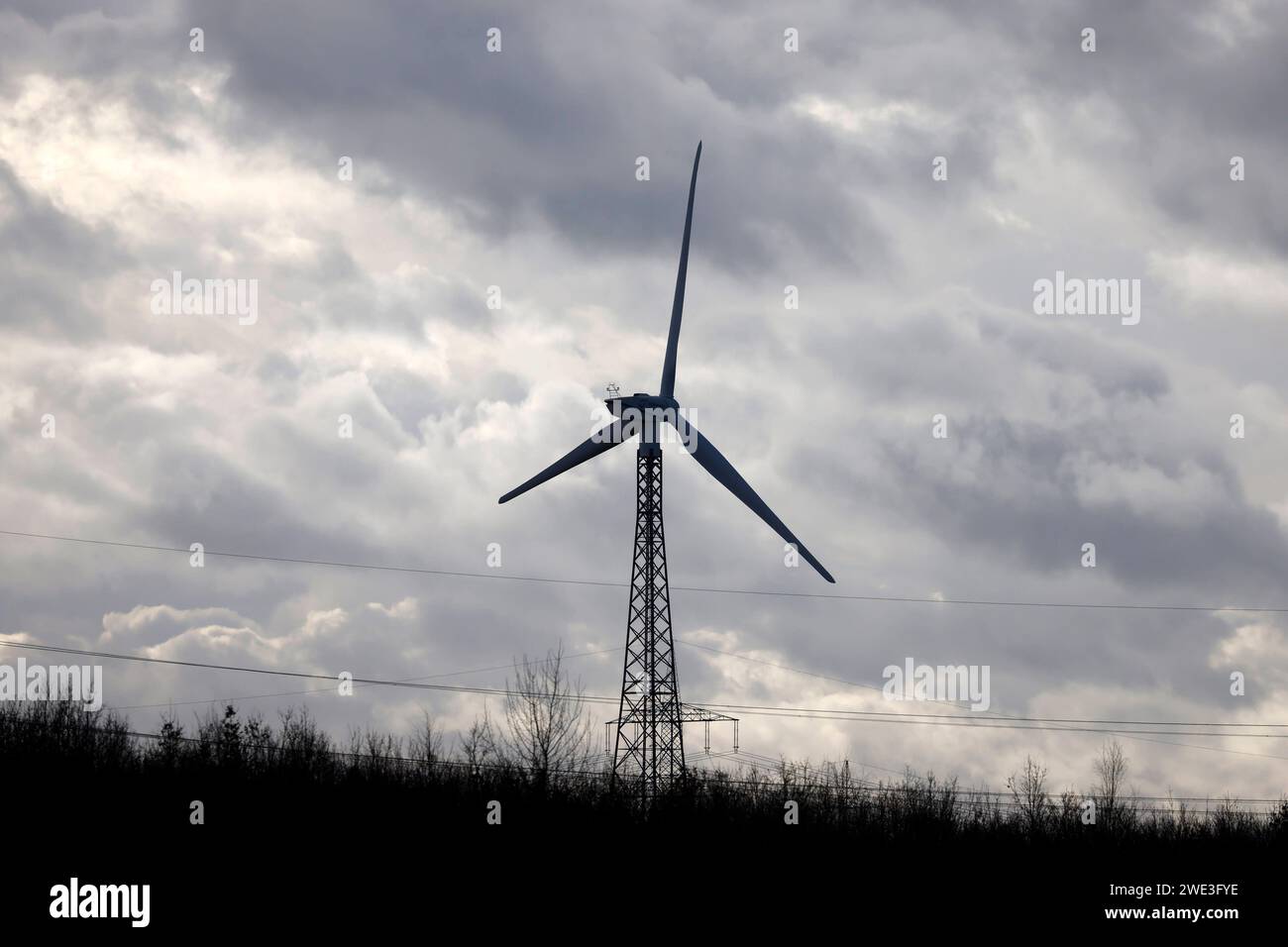 Ein Windrad und Strommasten BEI den Industrieanlagen von Shell Energy à Wesseling BEI Köln. Die Umgebung ist geprägt von Stromleitungen und Industrieschloten. Themenbild, Symbolbild. Wesseling, 22.01.2024 NRW Deutschland *** Une éolienne et des pylônes électriques dans les installations industrielles de Shell Energys à Wesseling près de Cologne les environs sont caractérisés par des lignes électriques et des cheminées industrielles image thématique, image symbolique Wesseling, 22 01 2024 NRW Allemagne Copyright : xChristophxHardtx Banque D'Images