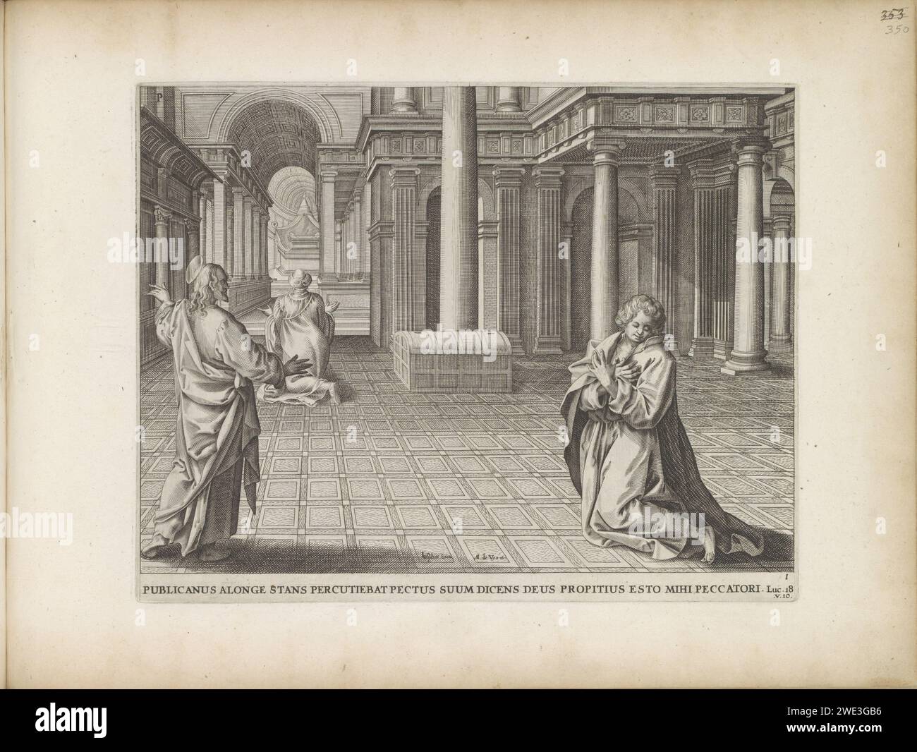 Parabole du Pharise et du publicain, 1643 print Christ, debout à gauche, raconte la similitude du Pharise et du Tollenaar. A droite, le publicain s’agenouille dans le temple avec repentance et demande la grâce à Dieu. Dans l'autel en arrière-plan, le Pharise, qui remercie Dieu, prie pour qu'il ne soit pas comme le publicain. Sous le spectacle une référence en latin au texte de la Bible en Luc. 18:10. Ce tirage fait partie d'un album. Amsterdam papier gravé le pharisien priant et le publicain repentant dans le temple (Luc 18:10-14) Banque D'Images