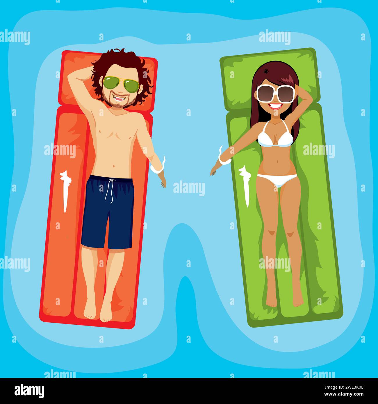 Jeune couple appréciant le voyage de vacances avec gonflable sur la piscine Banque D'Images