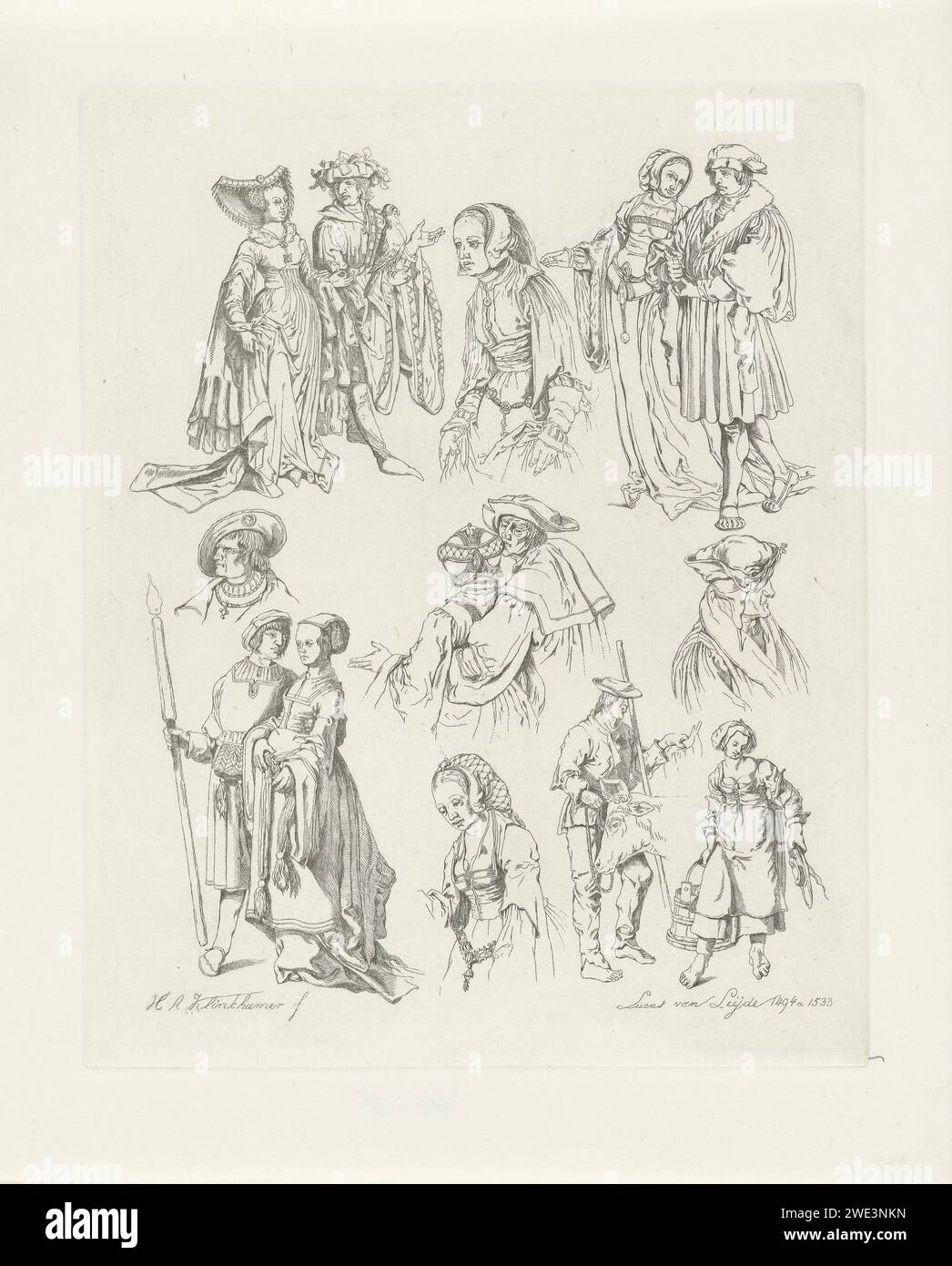 Cinq couples étudient, Hendrik Abraham Klinkhamer, d'après Lucas van Leyden, 1820 - 1872 imprimer Magazine d'étude avec différentes figures, dont cinq paires, en vêtements médiévaux. En bas à droite un agriculteur et un agriculteur avec une vache. En haut à gauche une paire de vêtus de conversation, dont l'homme tient un faucon sur sa main. Amsterdam paper graving Farmers - AA - agricultrice, femme de fermier. vache. oiseaux prédateurs : falcon. couple d'amoureux Banque D'Images