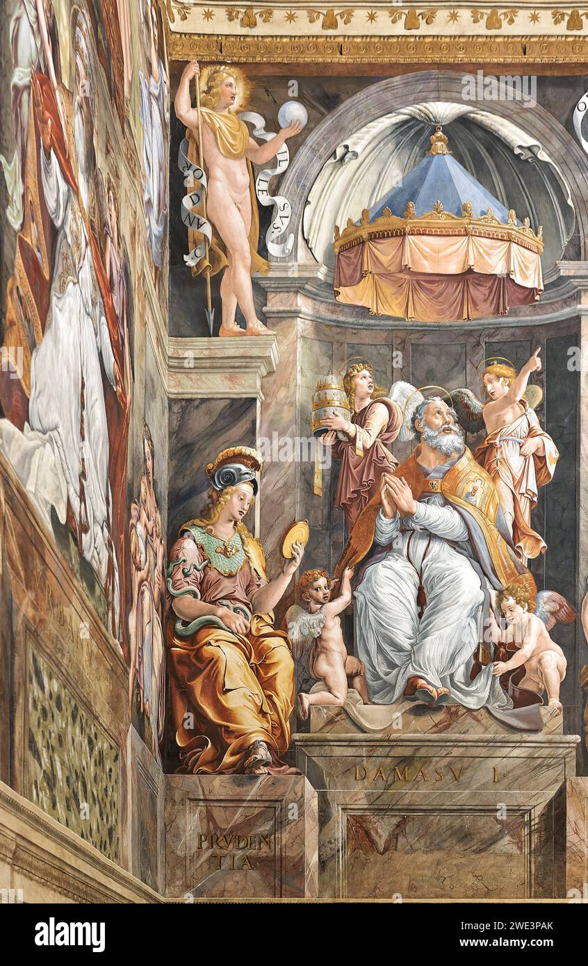 Pape Saint Damase I ; peinture de Raphaël dans la salle Constantin, une des salles Raphaël, Musée du Vatican, Rome, Italie. Banque D'Images