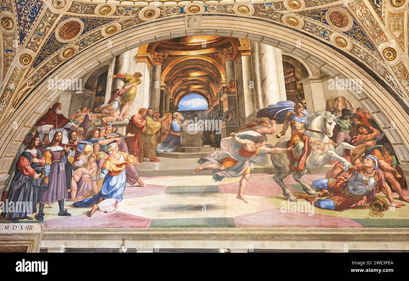 Expulsion d'Héliodore du temple ; peinture de Raphaël dans la salle Eliodoro, une des salles de Raphaël, Musée du Vatican, Rome, Italie. Banque D'Images