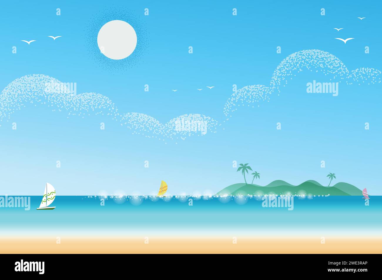 Belle plage de paysage marin minimal avec sable blanc, vague de mer, voilier et rayons du soleil. Texte pour les agents de voyages. L'été offre Vector texture style conce Illustration de Vecteur