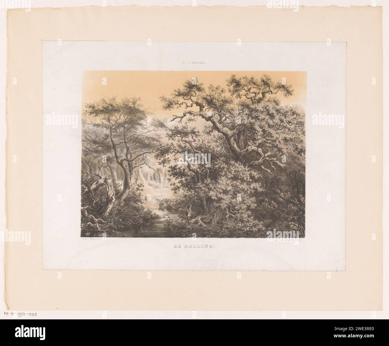 Paysage avec exil, Willem Jacob Hofdijk, 1849 - 1859 imprimer la figure est dans un paysage boisé près d'une rivière. Imprimeur : Netherlandsprinter : Amsterdampublisher : Haarlem paper banishment, Exile. forêt, bois Banque D'Images